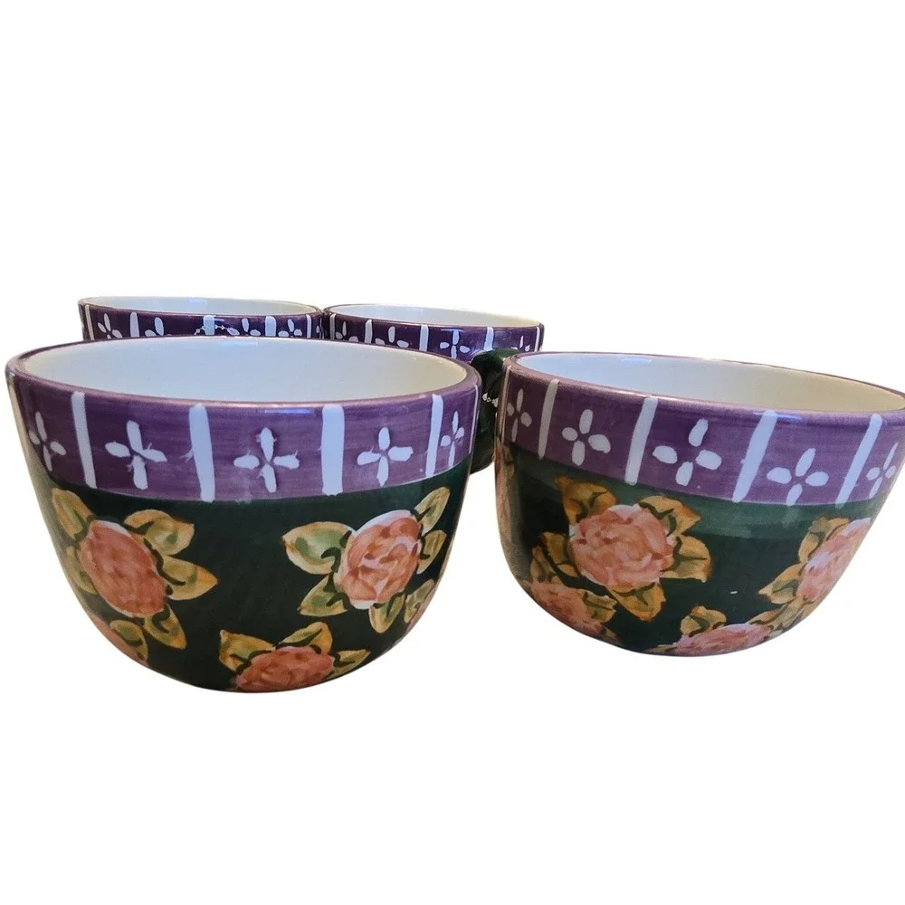Crate‎ & Barrel Floral Soup Bowls Set 4 Green Cottagecore Stoneware